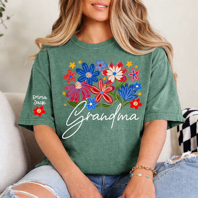 Grandma T-shirt With Heart And Flower Print, Custom Pinted Family Names
