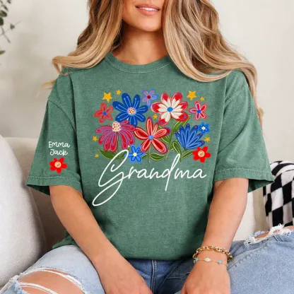 Grandma T-shirt With Heart And Flower Print, Custom Pinted Family Names