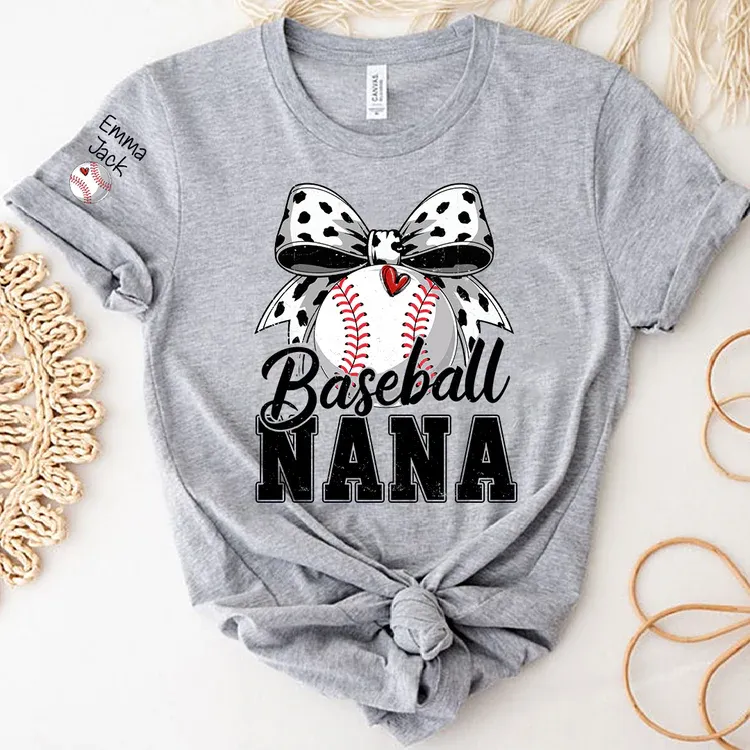 Proud Baseball Nana T Shirt, Personalized Kids Names Sports Shirt with Bow Graphic