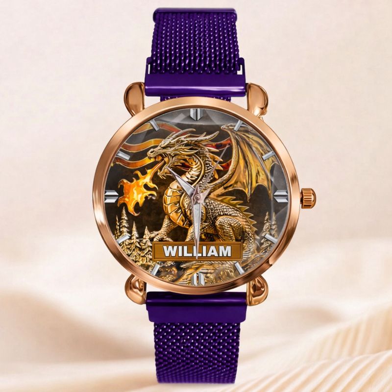 Custom Golden Flame Dragon Watch - Personalized Name - Gift For Dragon Lovers