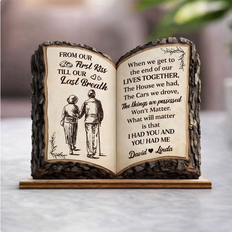 From Our First Kiss To Our Last Breath Love – Personalized Name Wooden Plaque - Gift For Couples