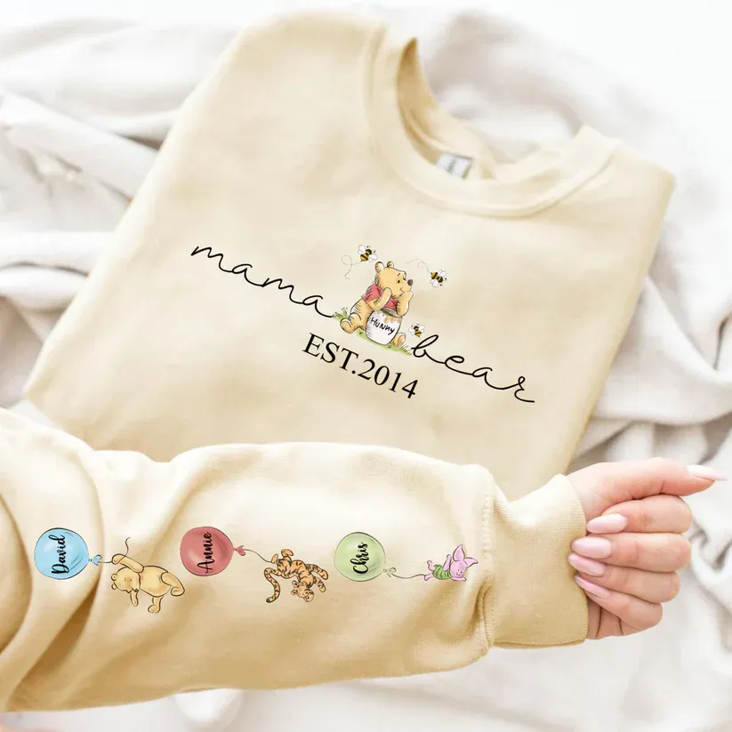 Personalized Mama Bear Sweatshirt Custom Mama Est with Kid Name on Sleeve Hoodie Mother's Day Gift