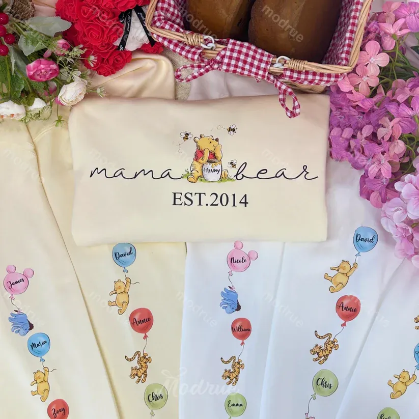 Personalized Mama Bear Sweatshirt Custom Mama Est with Kid Name on Sleeve Hoodie Mother's Day Gift