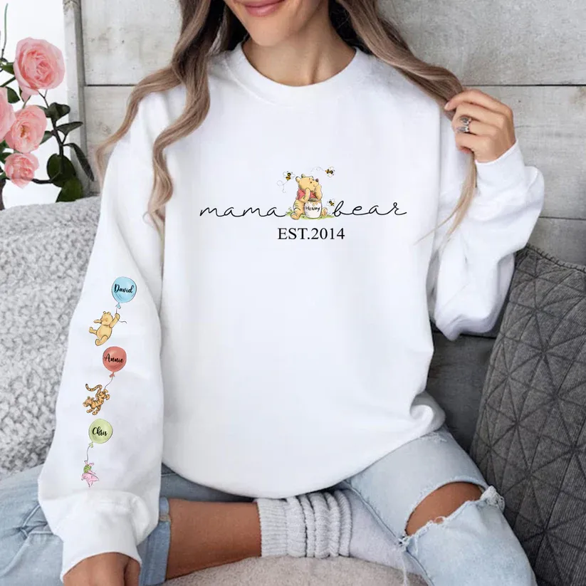 Personalized Mama Bear Sweatshirt Custom Mama Est with Kid Name on Sleeve Hoodie Mother's Day Gift