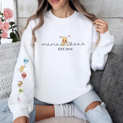 Personalized Mama Bear Sweatshirt Custom Mama Est with Kid Name on Sleeve Hoodie Mother's Day Gift