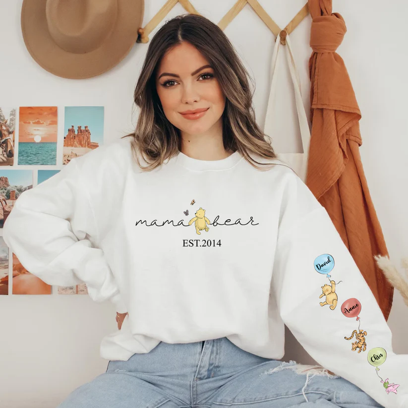 Personalized Mama Bear Sweatshirt Custom Mama Est with Kid Name on Sleeve Hoodie Mother's Day Gift