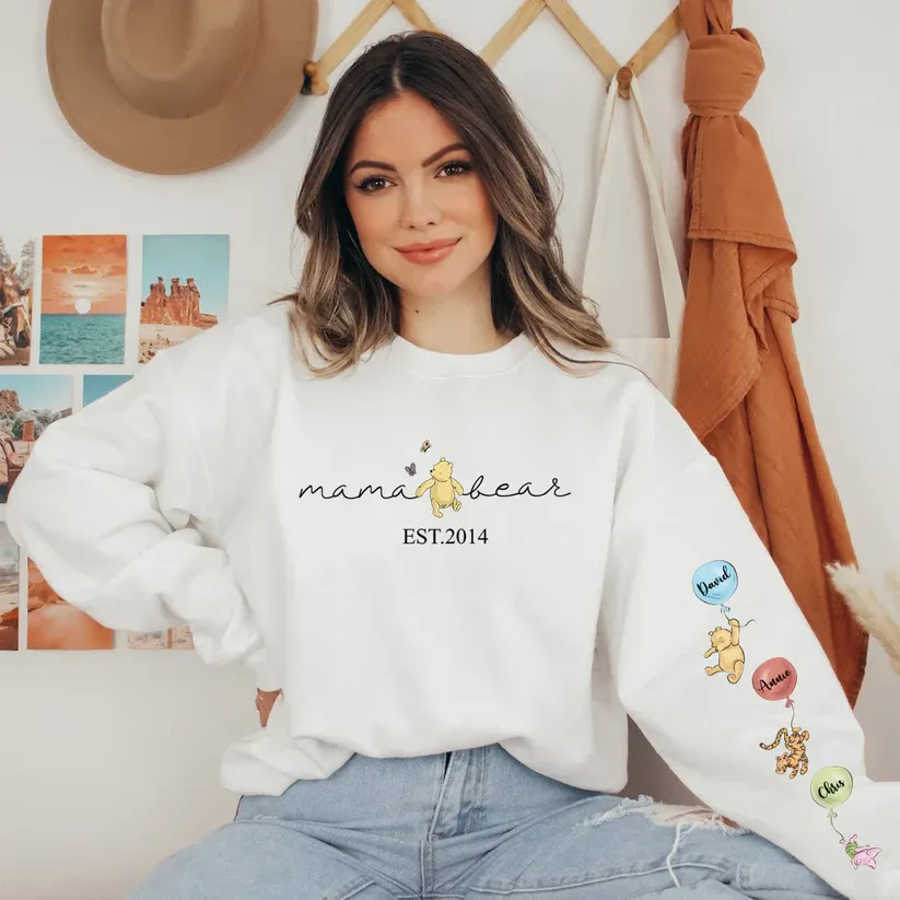 Personalized Mama Bear Sweatshirt Custom Mama Est with Kid Name on Sleeve Hoodie Mother's Day Gift