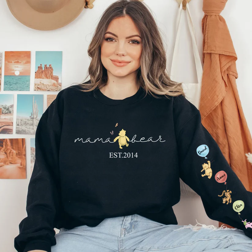 Personalized Mama Bear Sweatshirt Custom Mama Est with Kid Name on Sleeve Hoodie Mother's Day Gift
