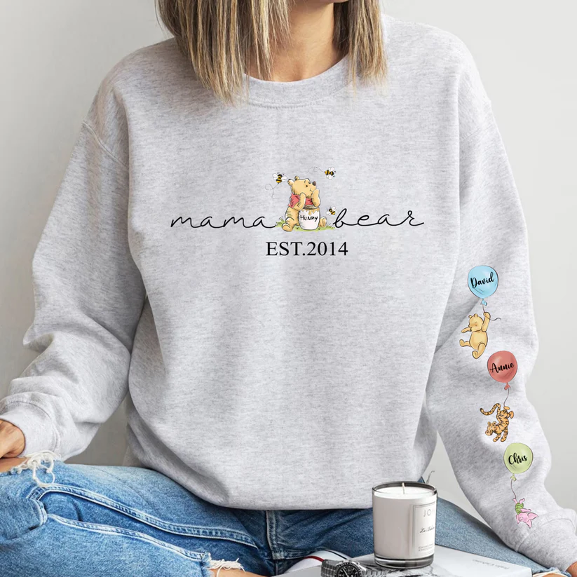 Personalized Mama Bear Sweatshirt Custom Mama Est with Kid Name on Sleeve Hoodie Mother's Day Gift