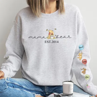Personalized Mama Bear Sweatshirt Custom Mama Est with Kid Name on Sleeve Hoodie Mother's Day Gift