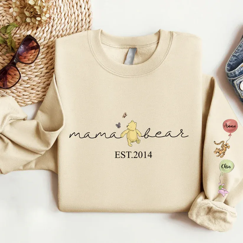 Personalized Mama Bear Sweatshirt Custom Mama Est with Kid Name on Sleeve Hoodie Mother's Day Gift