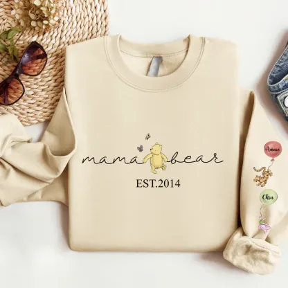 Personalized Mama Bear Sweatshirt Custom Mama Est with Kid Name on Sleeve Hoodie Mother's Day Gift