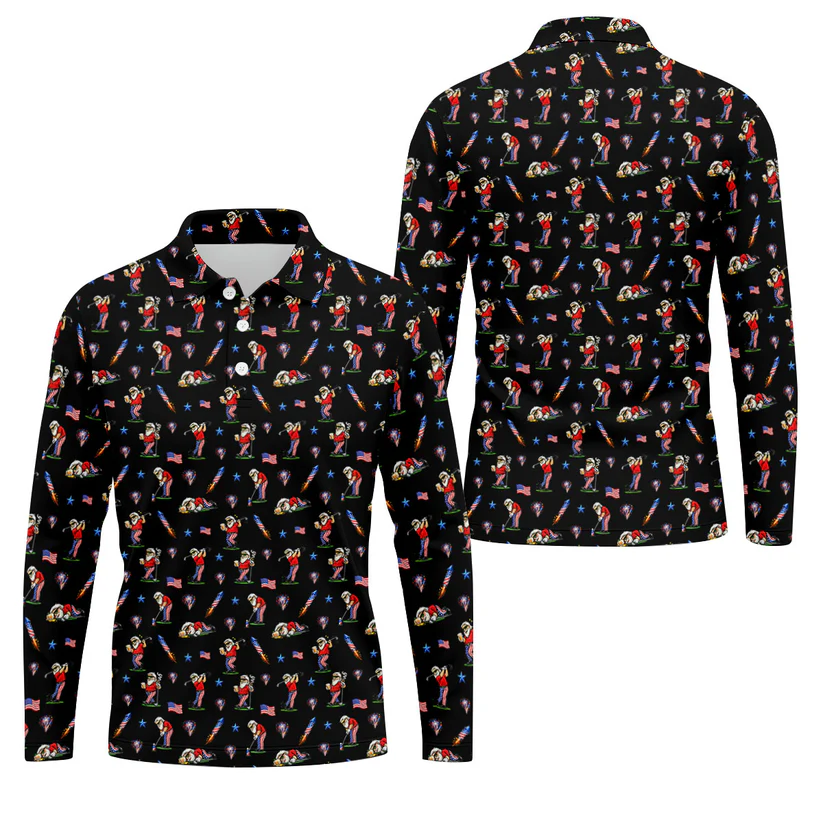 4th Of July Funny Man Golf And Beer Black Golf Shirt, Patriotic Golf Shirt, 250th Anniversary Golf Shirts For Men