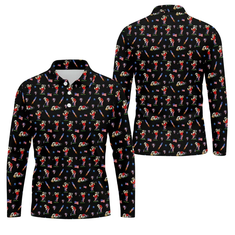 4th Of July Funny Man Golf And Beer Black Golf Shirt, Patriotic Golf Shirt, 250th Anniversary Golf Shirts For Men