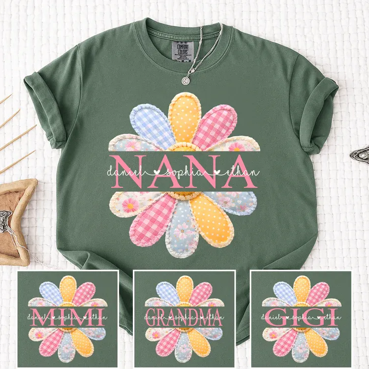 Comfort Colors Personalized Nana Shirt with Colorful Patchwork Daisy – Custom Grandma Gift with Grandkids Names