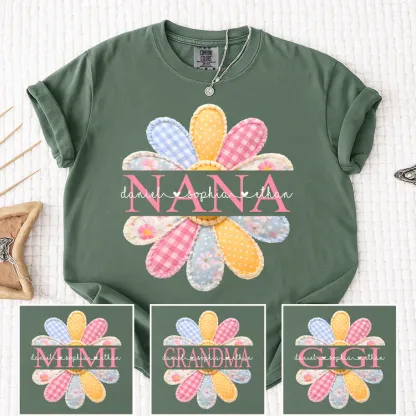 Comfort Colors Personalized Nana Shirt with Colorful Patchwork Daisy – Custom Grandma Gift with Grandkids Names