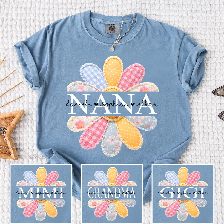 Comfort Colors Personalized Nana Shirt with Colorful Patchwork Daisy – Custom Grandma Gift with Grandkids Names