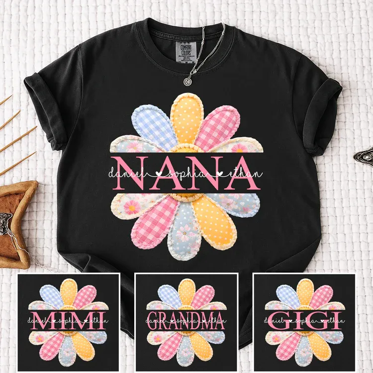 Comfort Colors Personalized Nana Shirt with Colorful Patchwork Daisy – Custom Grandma Gift with Grandkids Names