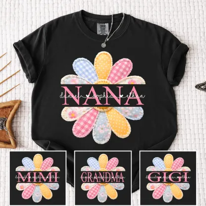 Comfort Colors Personalized Nana Shirt with Colorful Patchwork Daisy – Custom Grandma Gift with Grandkids Names