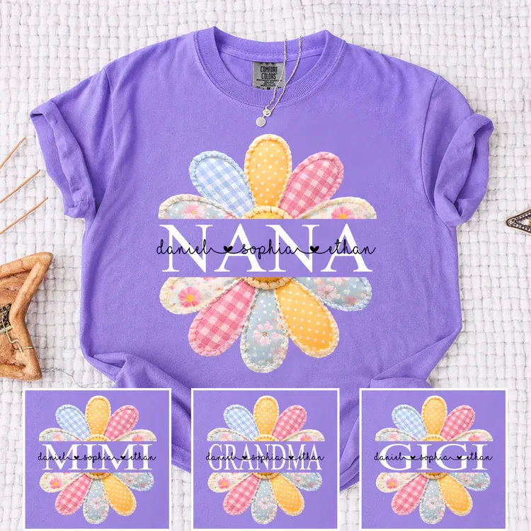 Comfort Colors Personalized Nana Shirt with Colorful Patchwork Daisy – Custom Grandma Gift with Grandkids Names