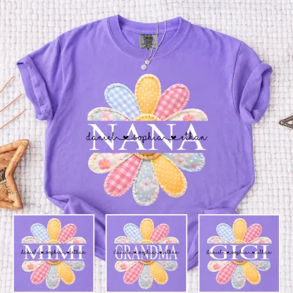 Comfort Colors Personalized Nana Shirt with Colorful Patchwork Daisy – Custom Grandma Gift with Grandkids Names
