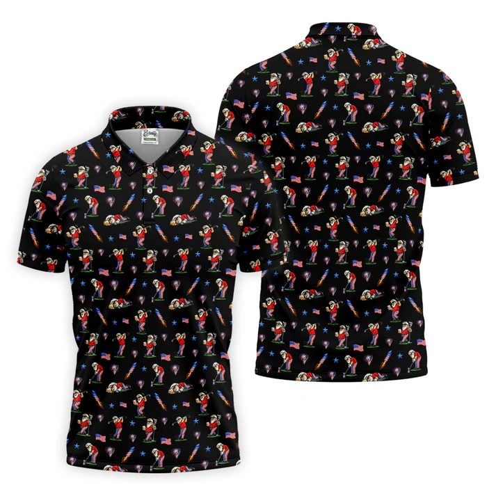 4th Of July Funny Man Golf And Beer Black Golf Shirt, Patriotic Golf Shirt, 250th Anniversary Golf Shirts For Men