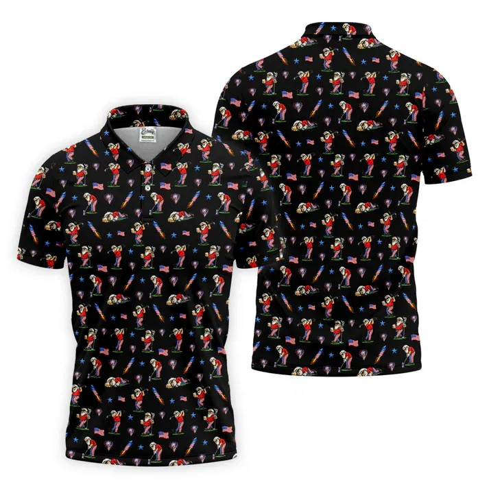 4th Of July Funny Man Golf And Beer Black Golf Shirt, Patriotic Golf Shirt, 250th Anniversary Golf Shirts For Men