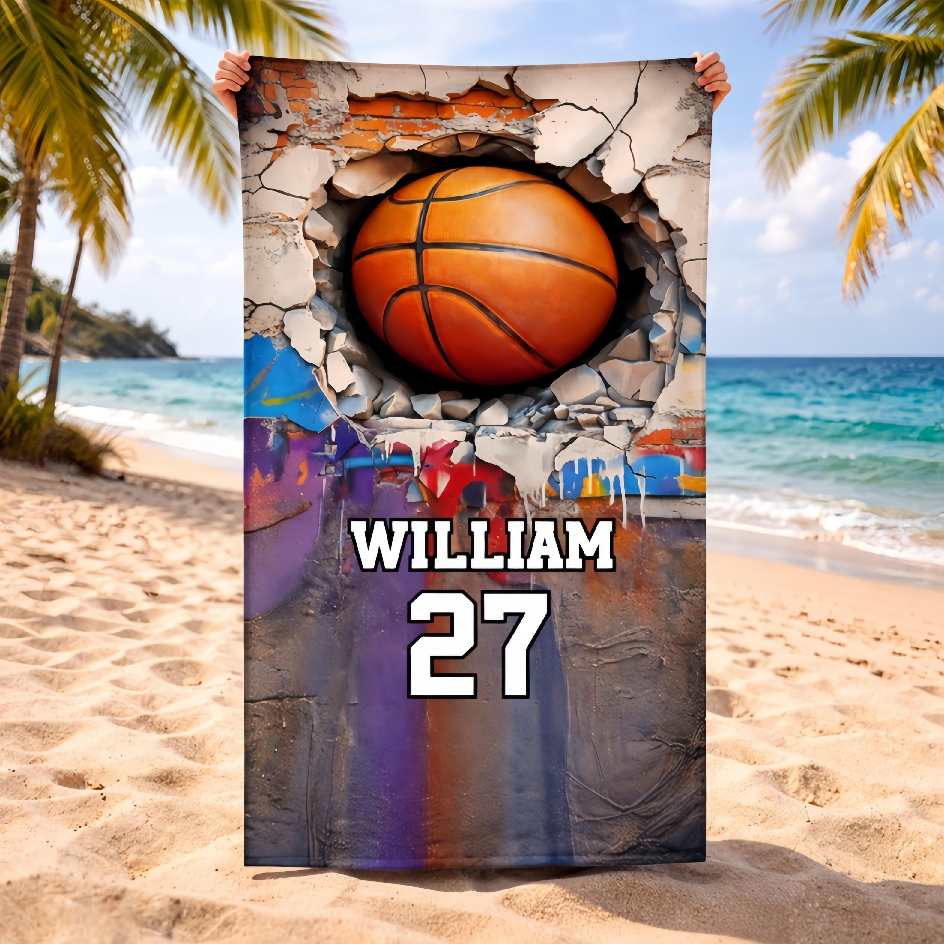 Customized Sport Games Beach Towel - Personalized Name & Number - Vacation Gift For Kids, Teens