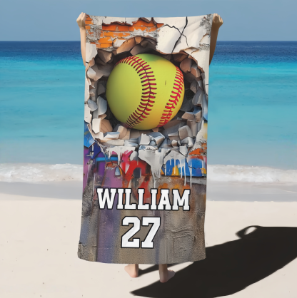 Customized Sport Games Beach Towel - Personalized Name & Number - Vacation Gift For Kids, Teens