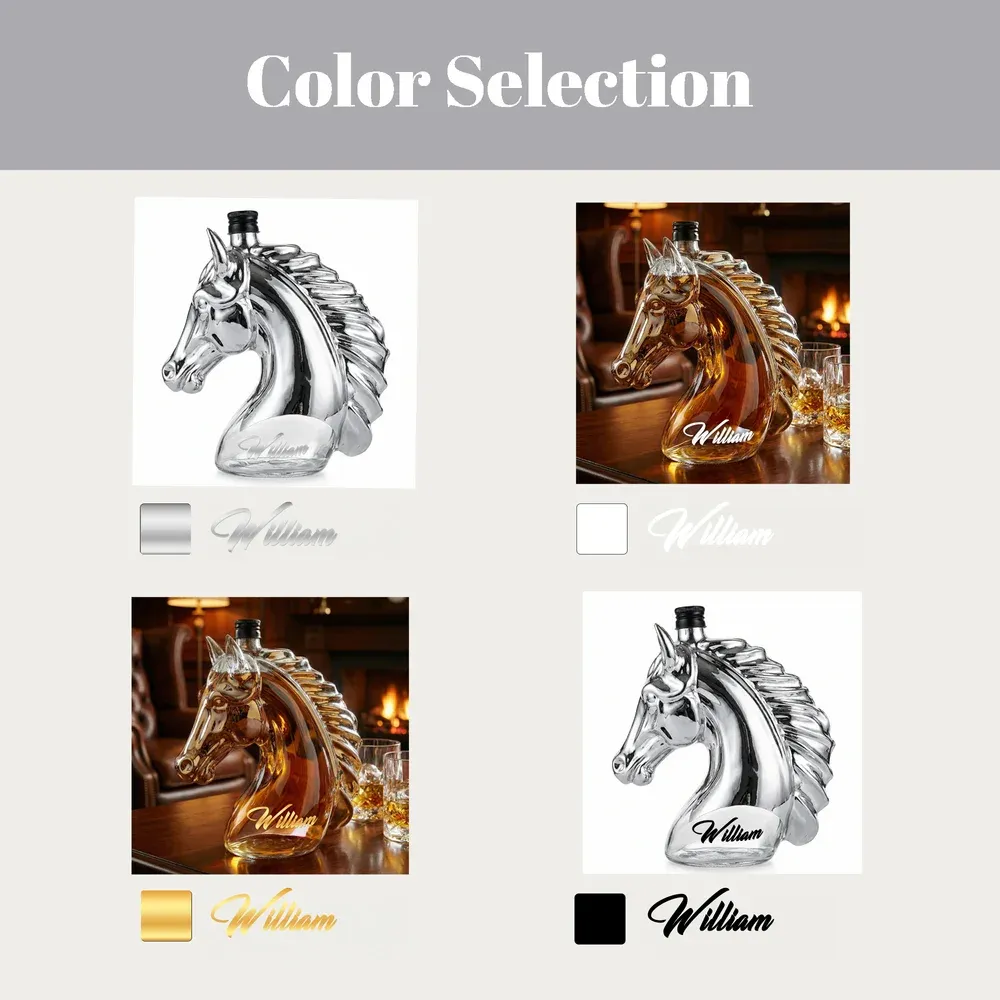 Personalized Horse Head Glass Liquor Bottle 350ml, Crystal Clear Whiskey Decanter with Custom Engraving, Mini Alcohol Flask Gift for Men & Home Bar