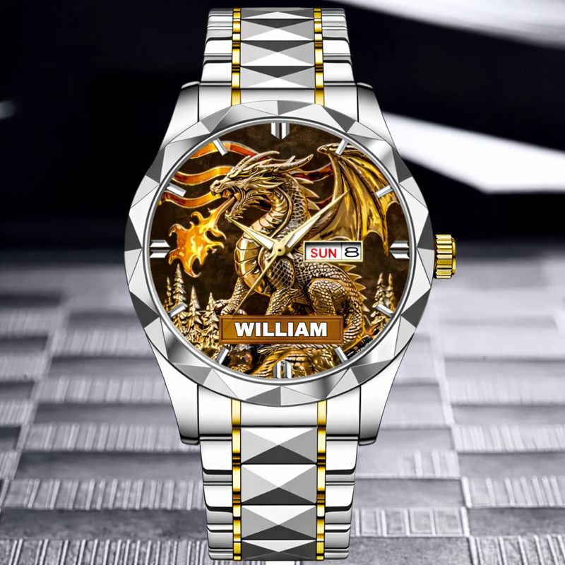 Custom Golden Flame Dragon Watch - Personalized Name - Gift For Dragon Lovers