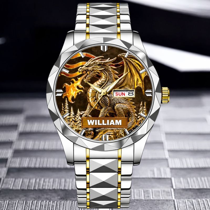 Custom Golden Flame Dragon Watch - Personalized Name - Gift For Dragon Lovers