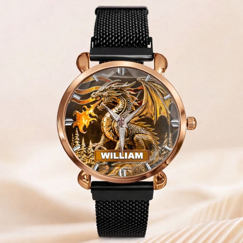 Custom Golden Flame Dragon Watch - Personalized Name - Gift For Dragon Lovers