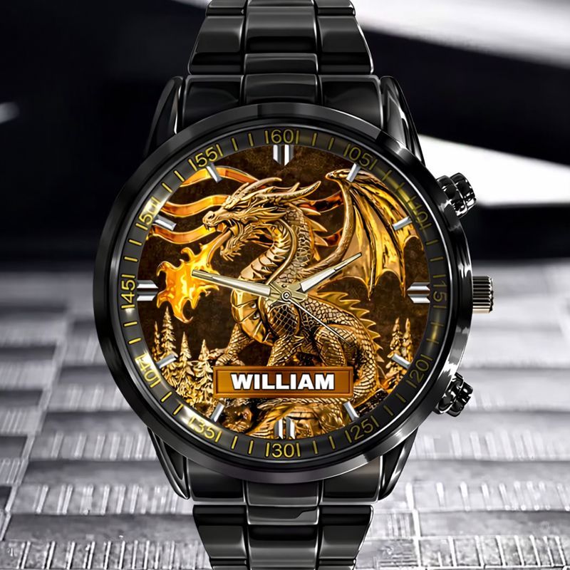 Custom Golden Flame Dragon Watch - Personalized Name - Gift For Dragon Lovers