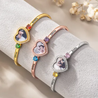 Personalized Birthstone Zircon Heart-Shaped Photo Cuff Bracelet with Names Dainty Jewelry Birthday Valentine's Day Anniversary Gift for Couple