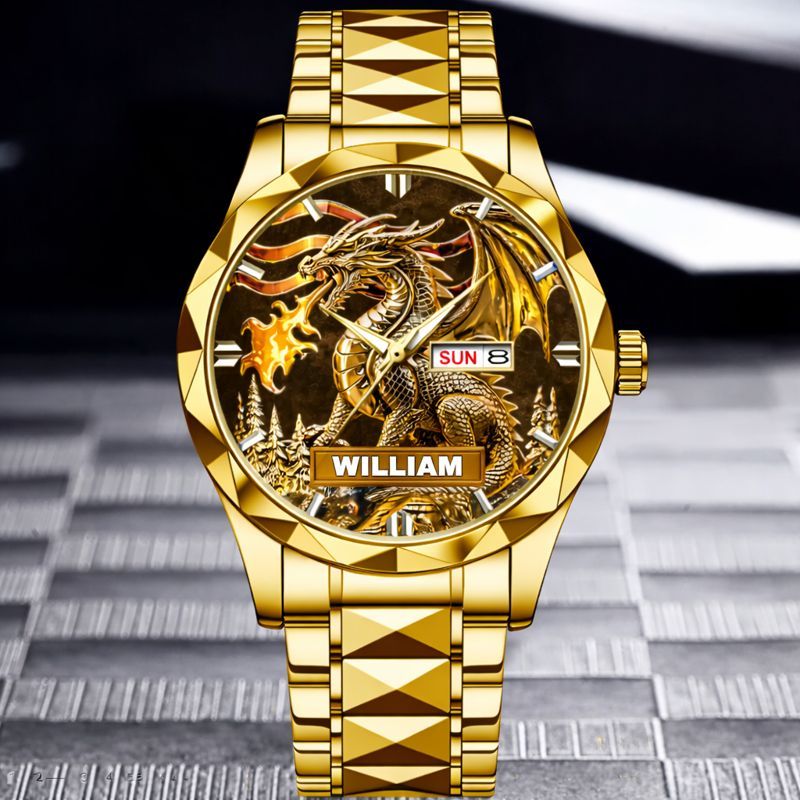 Custom Golden Flame Dragon Watch - Personalized Name - Gift For Dragon Lovers
