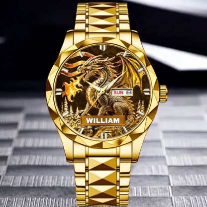 Custom Golden Flame Dragon Watch - Personalized Name - Gift For Dragon Lovers