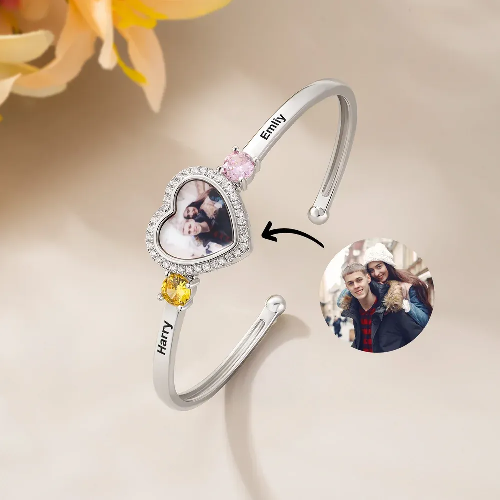 Personalized Birthstone Zircon Heart-Shaped Photo Cuff Bracelet with Names Dainty Jewelry Birthday Valentine's Day Anniversary Gift for Couple