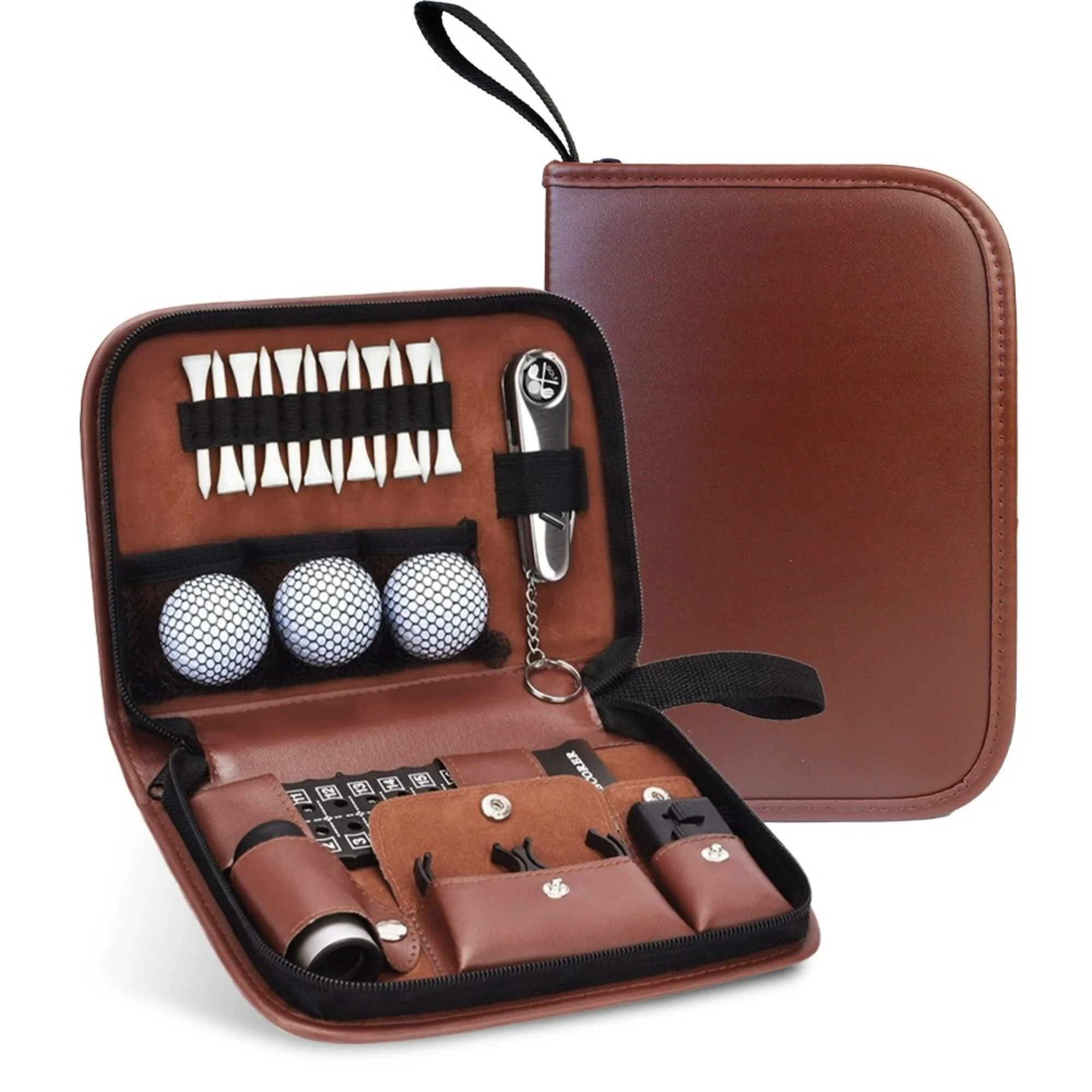 Personalized Leather Golf Accessories Case, Custom Name Golf Gift for Men, Dad, Husband & Golfers, Portable All-in-One Golf Organizer Travel Kit