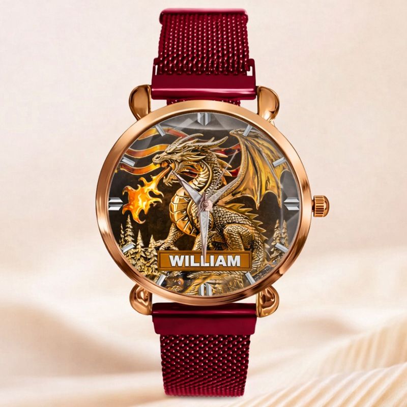 Custom Golden Flame Dragon Watch - Personalized Name - Gift For Dragon Lovers
