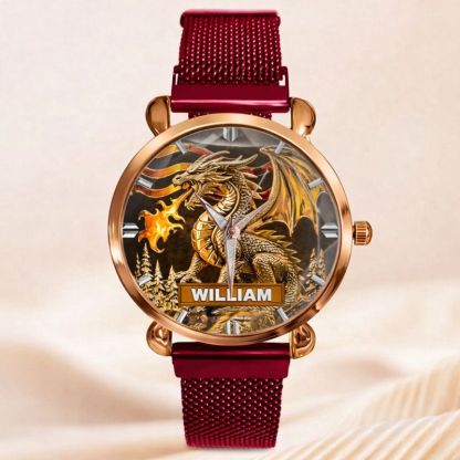 Custom Golden Flame Dragon Watch - Personalized Name - Gift For Dragon Lovers
