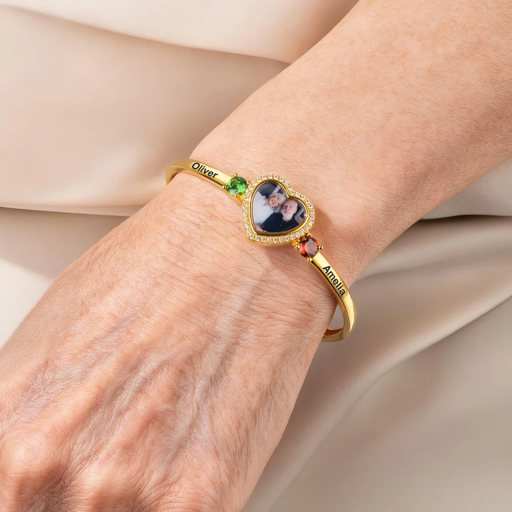 Personalized Birthstone Zircon Heart-Shaped Photo Cuff Bracelet with Names Dainty Jewelry Birthday Valentine's Day Anniversary Gift for Couple