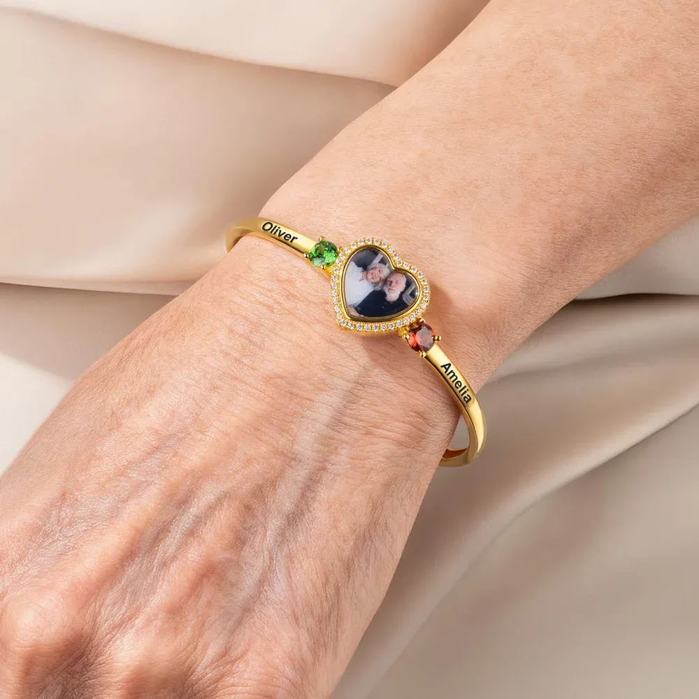 Personalized Birthstone Zircon Heart-Shaped Photo Cuff Bracelet with Names Dainty Jewelry Birthday Valentine's Day Anniversary Gift for Couple