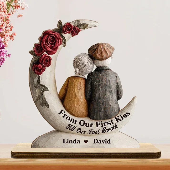 Eternal Embrace On The Crescent Moon - Personalized 2-Layer Wood Plaque With Flat Base