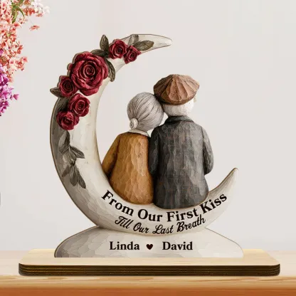 Eternal Embrace On The Crescent Moon - Personalized 2-Layer Wood Plaque With Flat Base