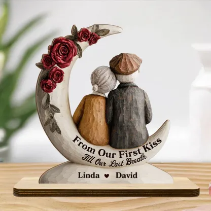 Eternal Embrace On The Crescent Moon - Personalized 2-Layer Wood Plaque With Flat Base