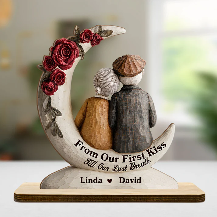 Eternal Embrace On The Crescent Moon - Personalized 2-Layer Wood Plaque With Flat Base