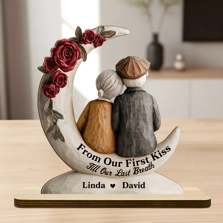Eternal Embrace On The Crescent Moon - Personalized 2-Layer Wood Plaque With Flat Base