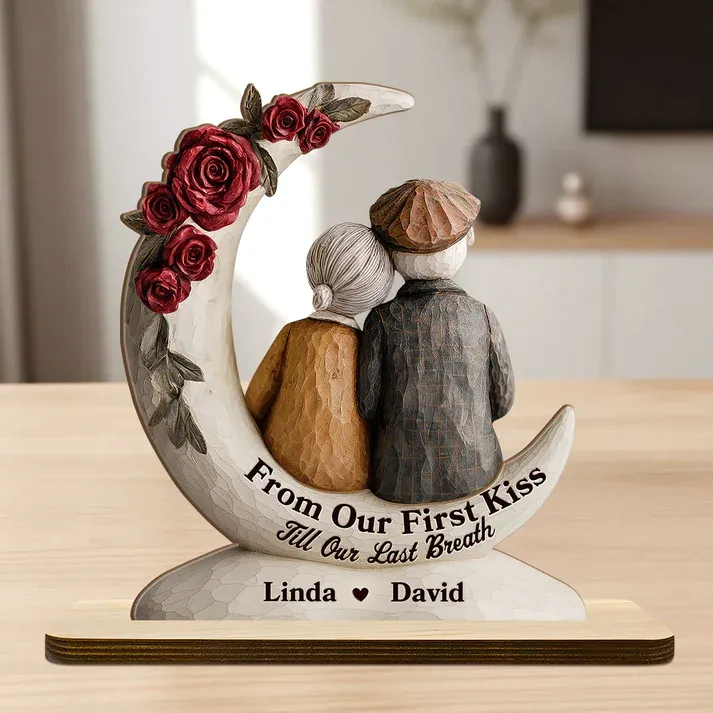 Eternal Embrace On The Crescent Moon - Personalized 2-Layer Wood Plaque With Flat Base