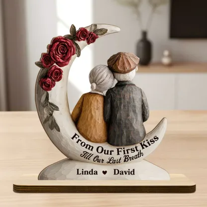 Eternal Embrace On The Crescent Moon - Personalized 2-Layer Wood Plaque With Flat Base